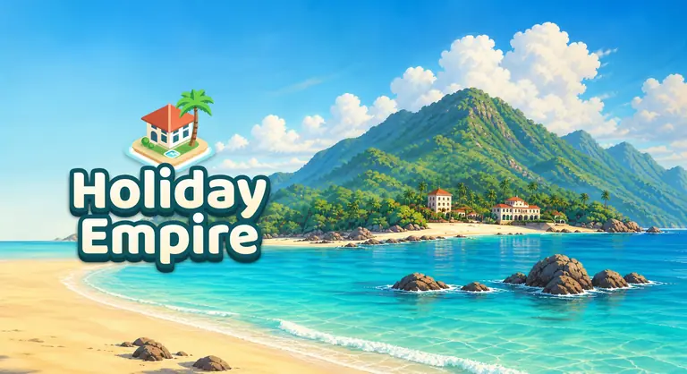 Holiday Empire: the logo, a little hotel with a palm on its own island, over a painted tropical bay with a resort below green mountains