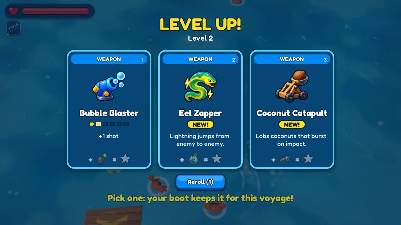 Level-up: eine von drei Waffenkarten wählen