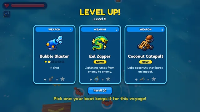 Level up: pick one of three weapon cards