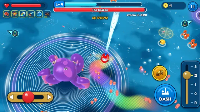 Boss fight: the Kraken in its whirlpool, a rainbow wake behind the boat